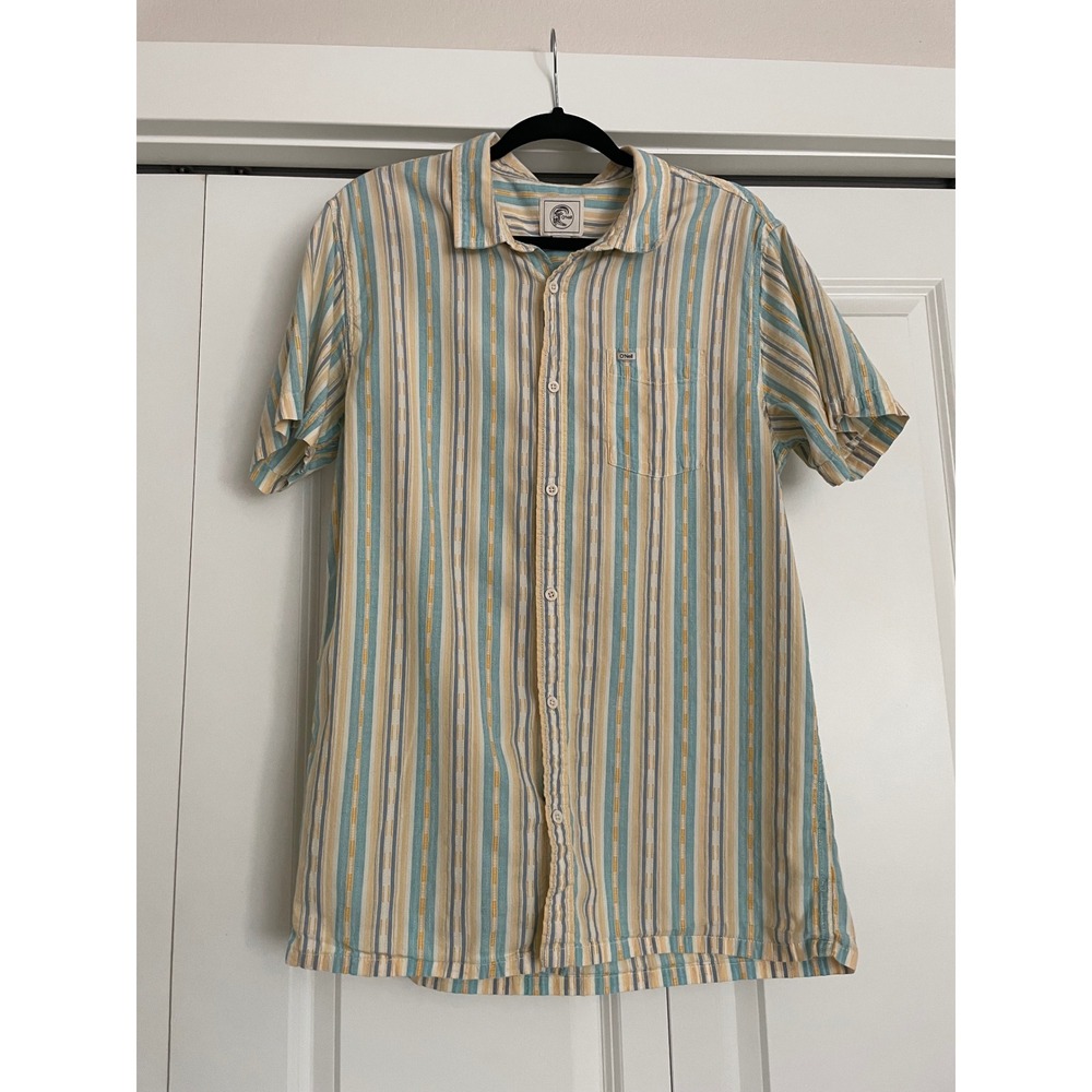 O'Neill Button Down Shirt Short Sleeve Striped Textured Cotton Blue Yellow Large